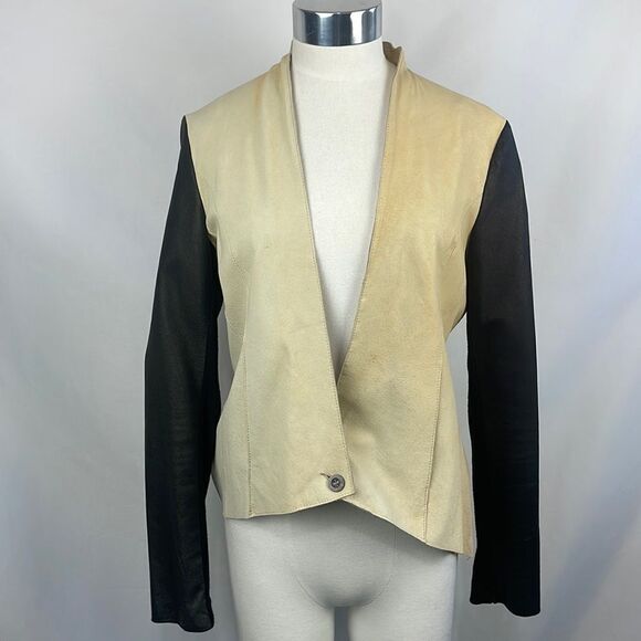 Tan Drape Front Black Sleeves Jacket - Picture 1 of 5